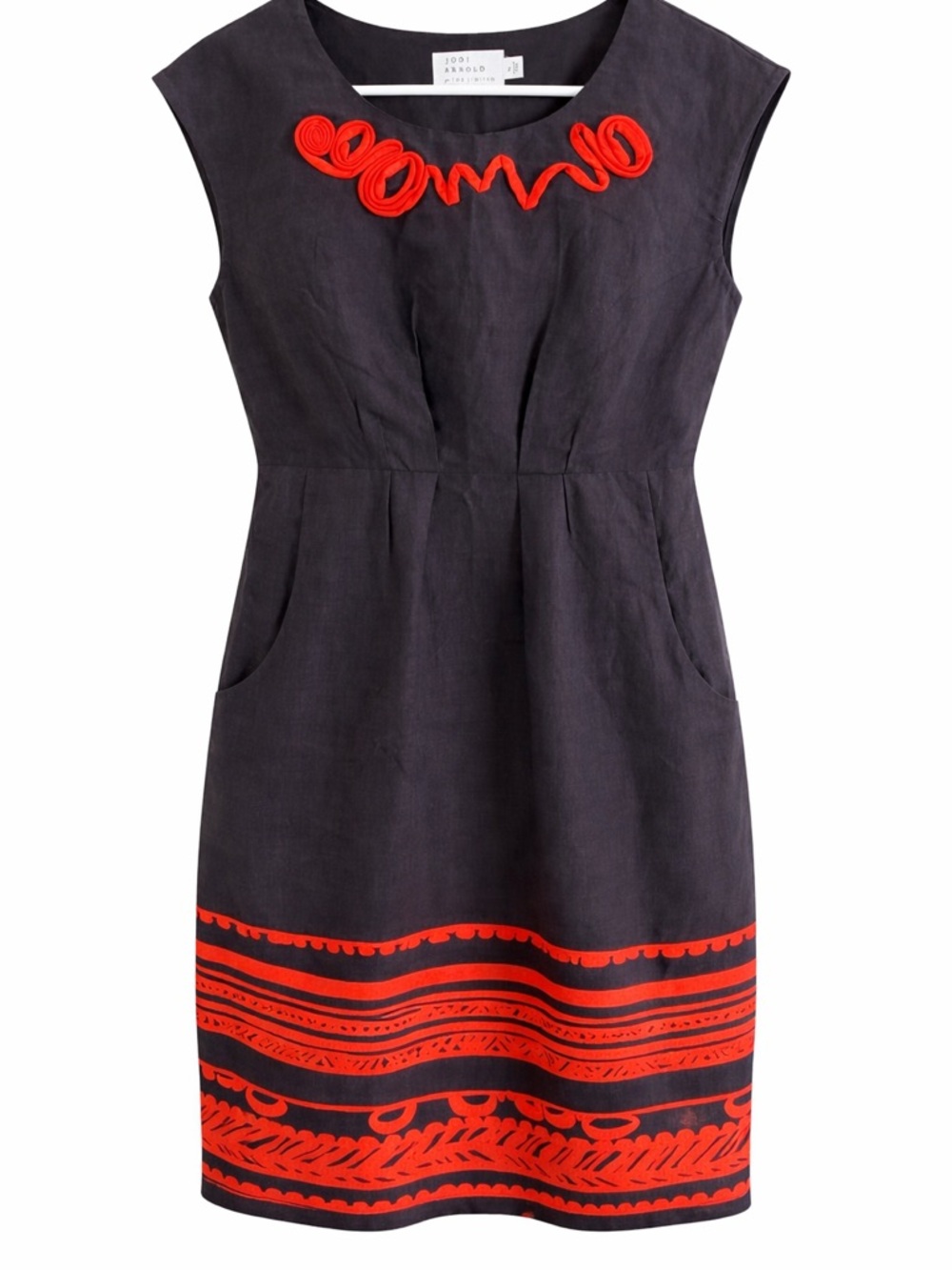 Jodi Arnold Black Sleeveless Dress Red Embellished Neckline Shift Pockets